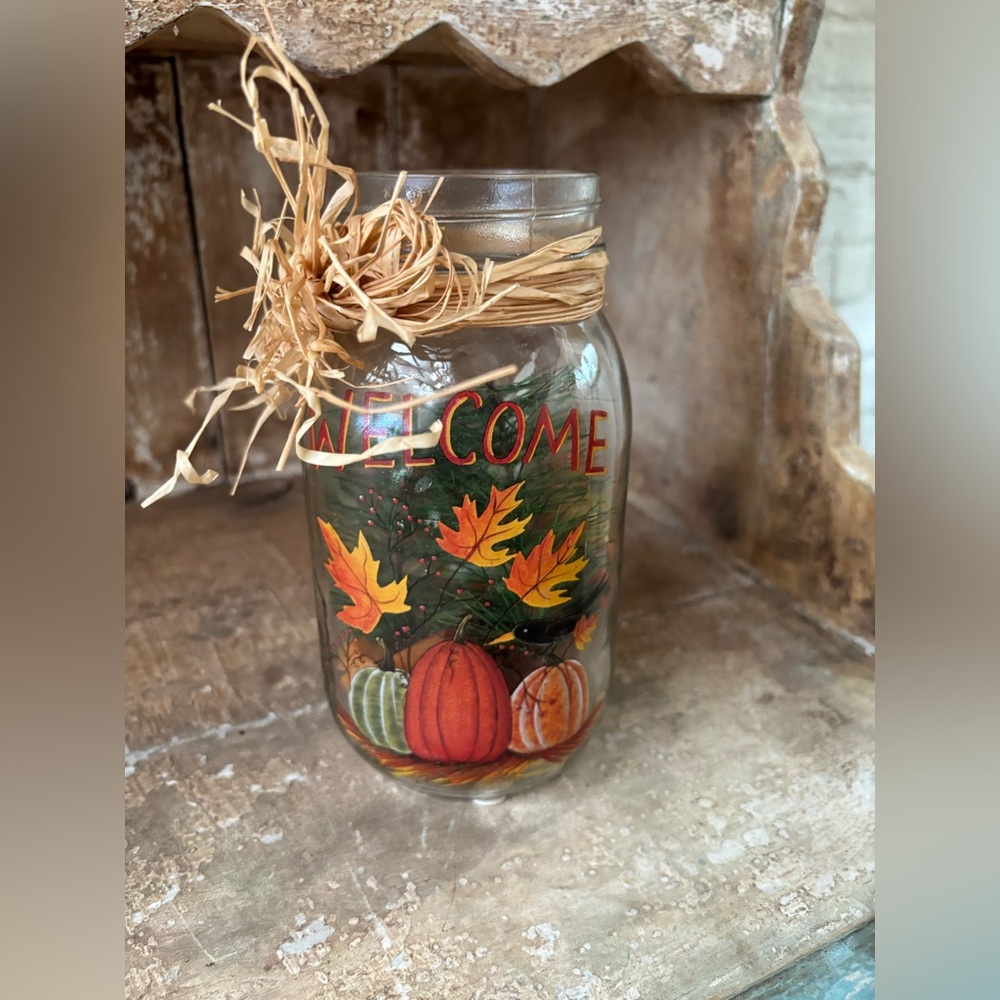 Fall Mason Jar Light 7 x 3.5 Welcome Pumpkins Battery Autumn Thanksgiving